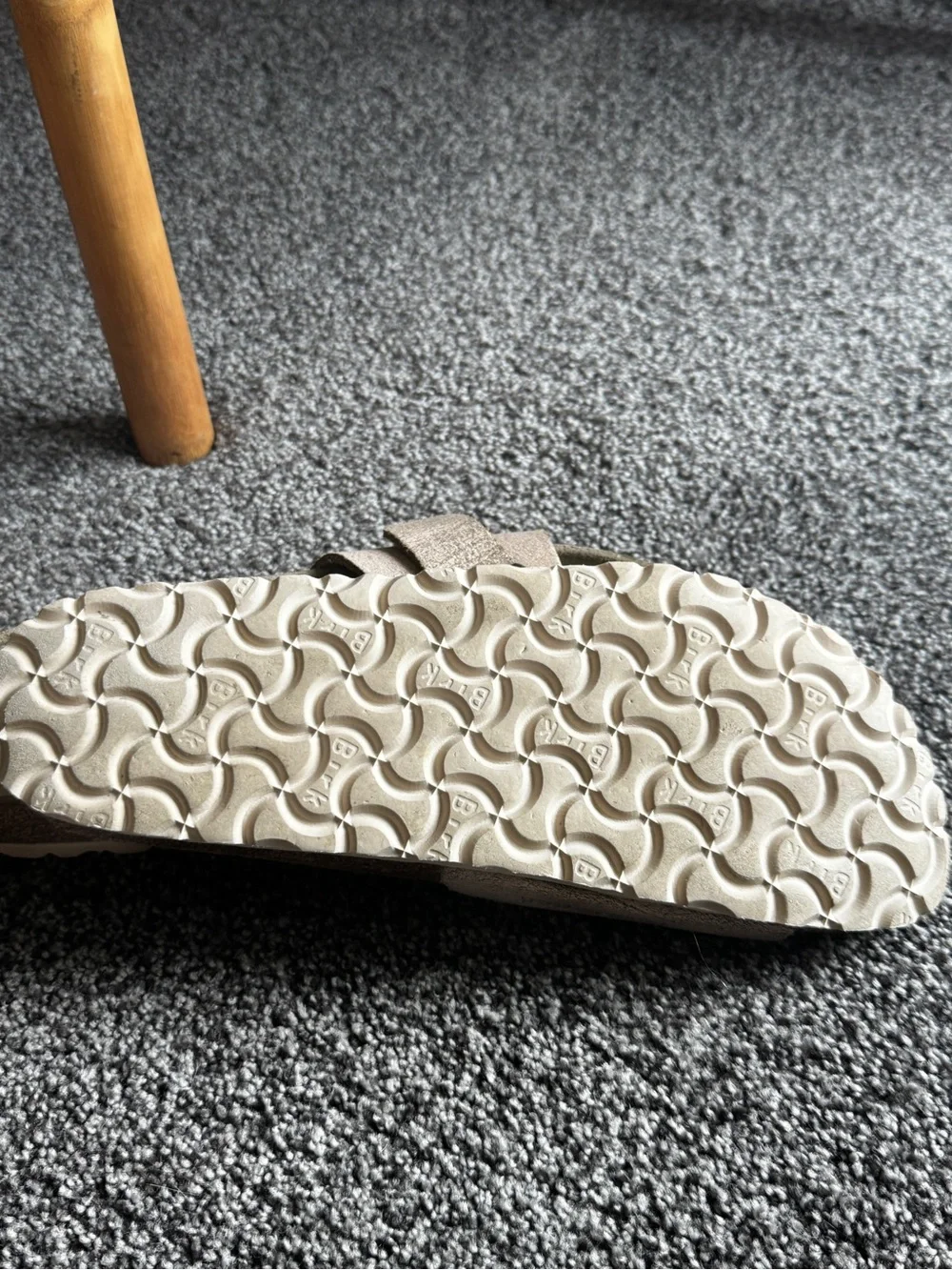 Birkenstock Beige Suede Single Strap Slide with Gold Buckle